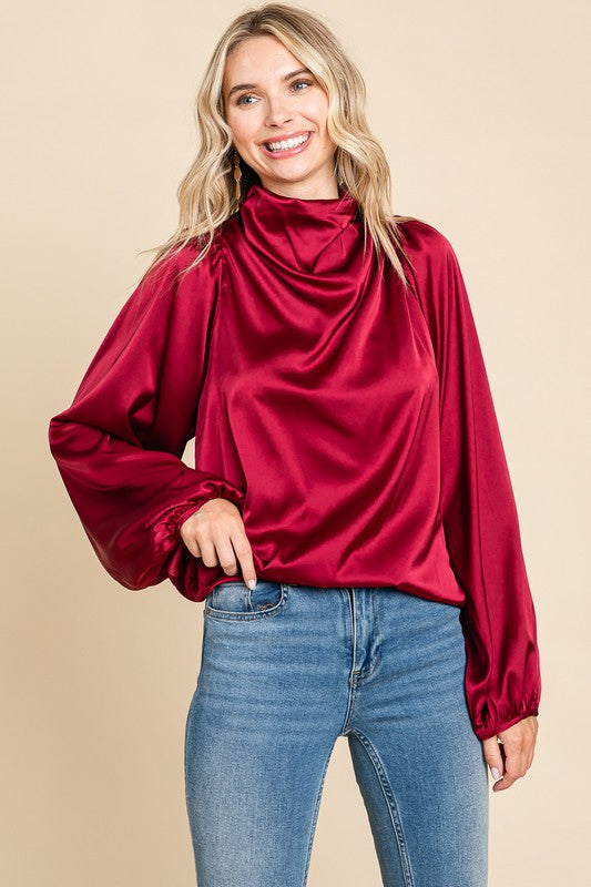 BURGUNDY SATIN BUTTON DOWN BLOUSE