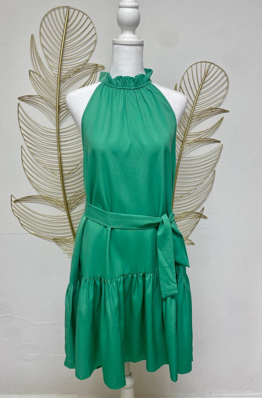 D 1 Green High Neck Dress with Waist Tie