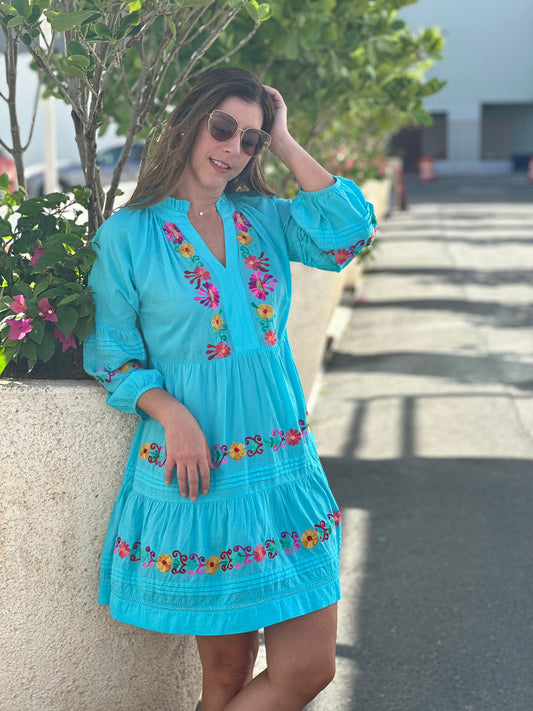 Clover Turquoise Dress Embroidered