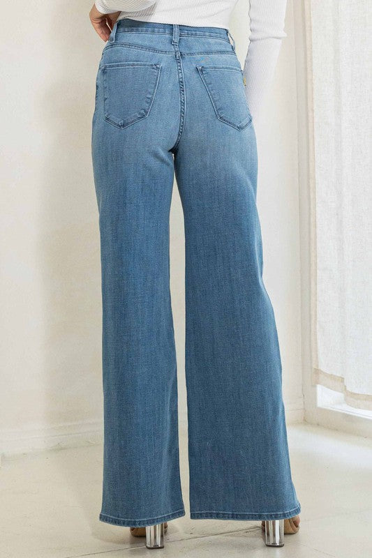 Vibrant/ High rise front bottom slits wide jeans