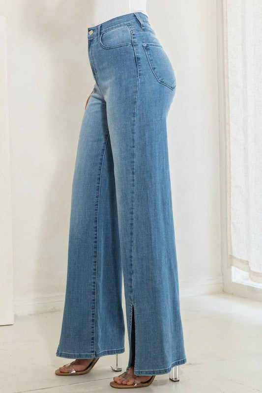 Vibrant/ High rise front bottom slits wide jeans