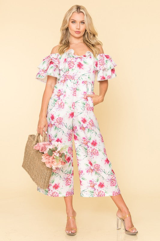 Floral Print Ruffle Cold Shoulder Jumpsuit