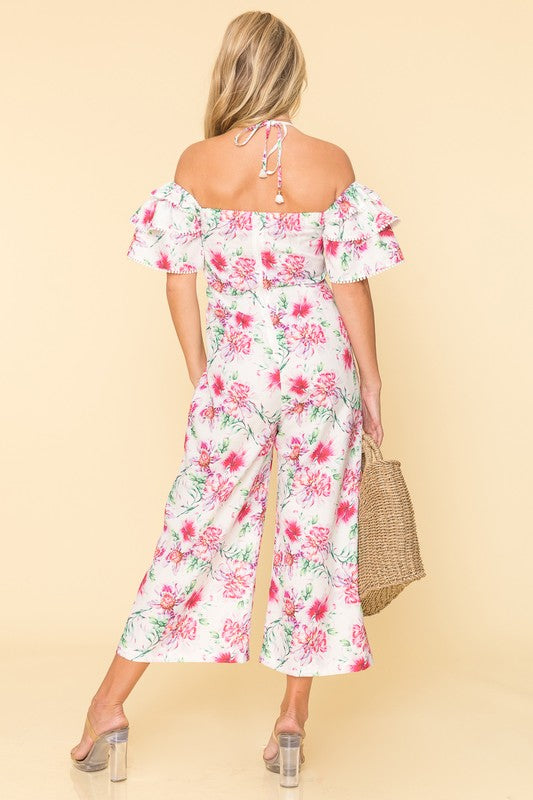 Floral Print Ruffle Cold Shoulder Jumpsuit