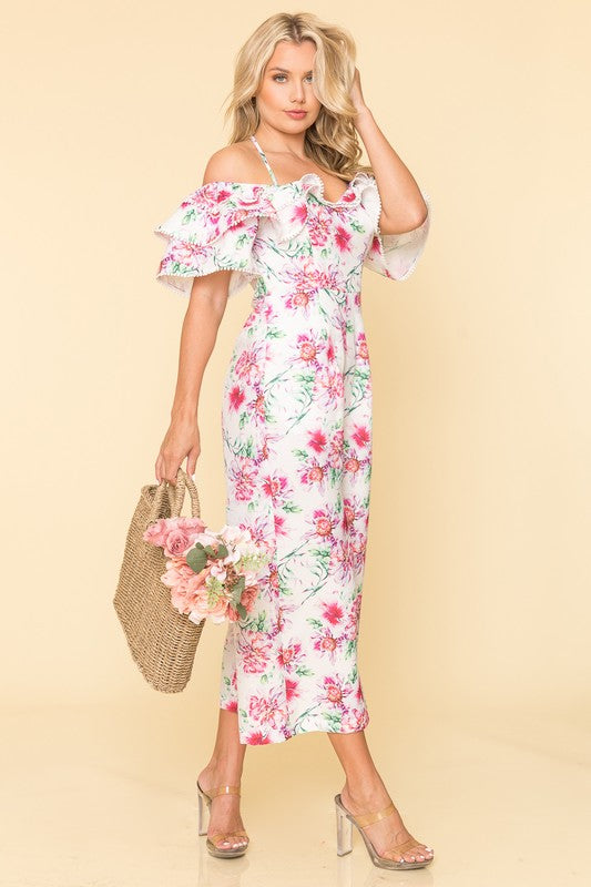 Floral Print Ruffle Cold Shoulder Jumpsuit