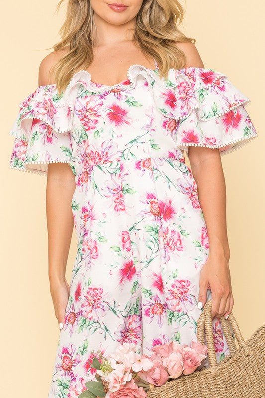 Floral Print Ruffle Cold Shoulder Jumpsuit