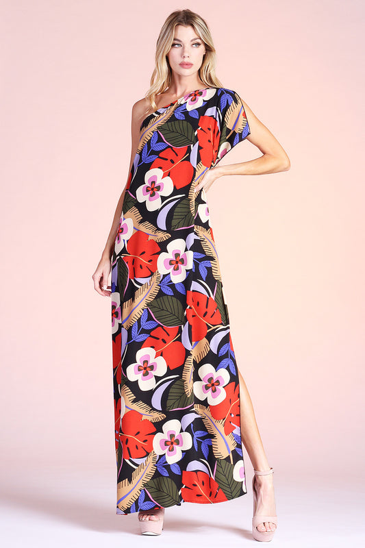 Wild Hibiscus Print One Shoulder Maxi Dress / Vestido largo con estampado de hibisco salvaje